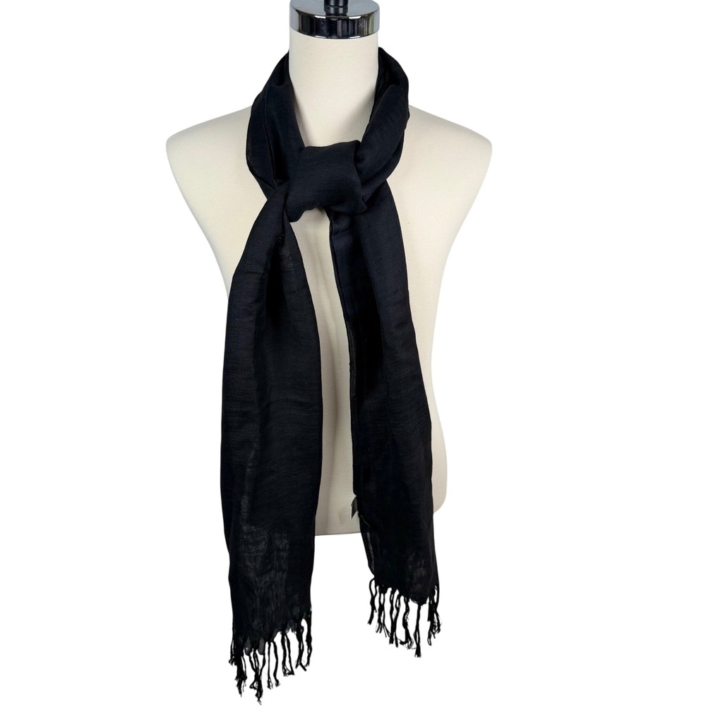 Talbots Black Linen Rayon Blend Fringe Rectangle Scarf Wrap Made in India